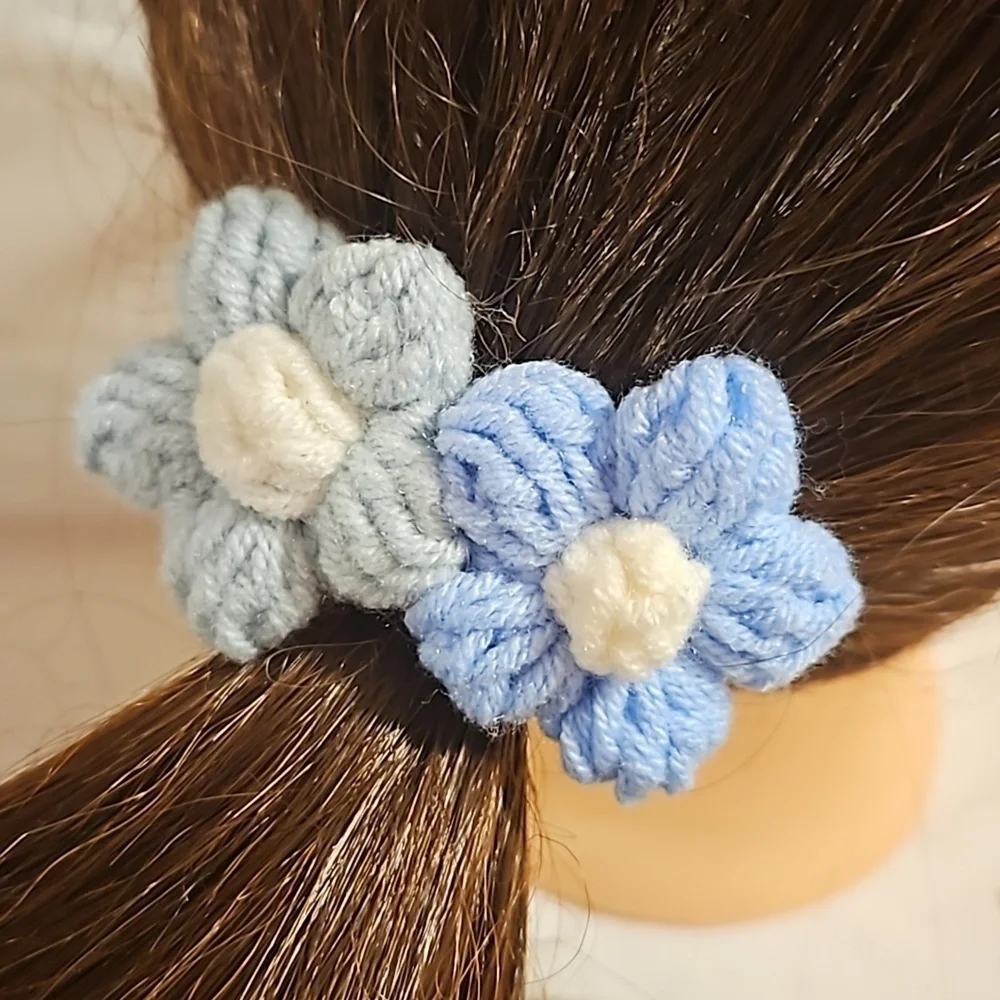 Hand Crafted TikTok Trend Hair Barrette Crocheted Puffy 2-Flowers Blue & White
